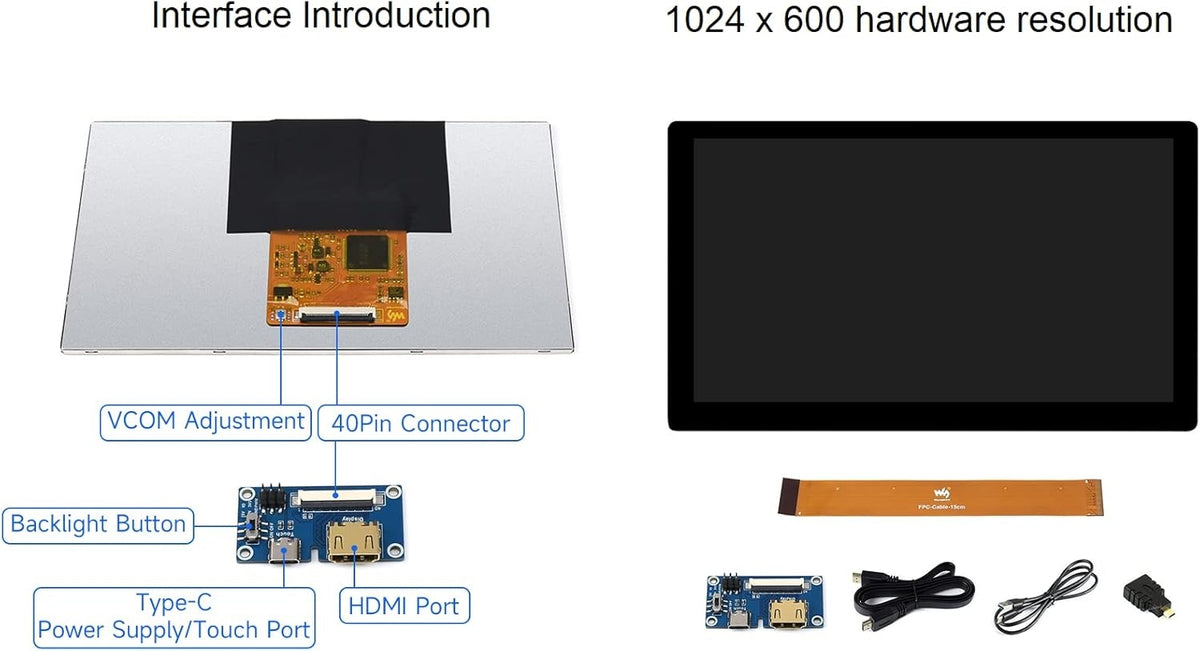 Waveshare 7-tommer HDMI Display Touch LCD 1024 x 600 IPS Skærm Understøtter Alle Versioner af Raspberry Pi Windows-skærm