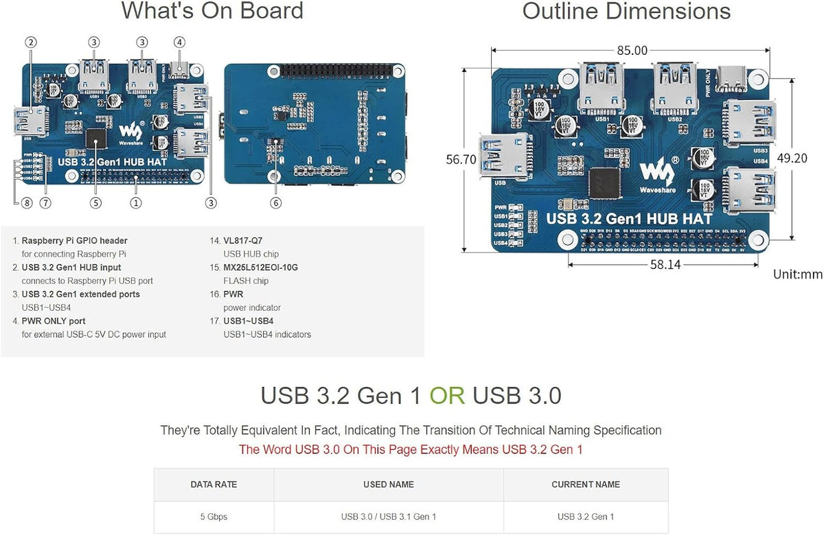 Waveshare USB 3.2 Gen1 HUB HAT til Raspberry Pi 4 med 4x USB 3.2 Gen1-porte op til 5 Gbps