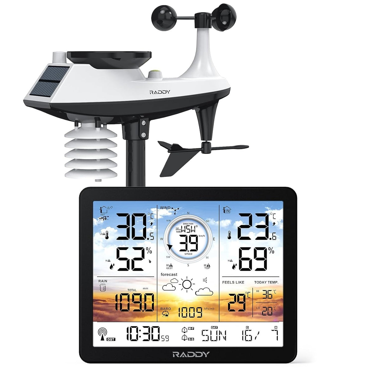 Trådløs vejrstation til indendørs og udendørs brug, professionelt termometer, radiostyret ur, temperatur- og luftfugtighedsmåler, 7,4" LCD-Display