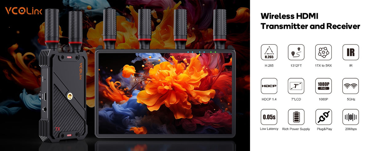 NÖRDIC Trådløs Bærbar 7" skærm, video sender og modtager, 2.4G/5.0G, 4k HDMI INPUT / 1080p OUTPUT, 400m