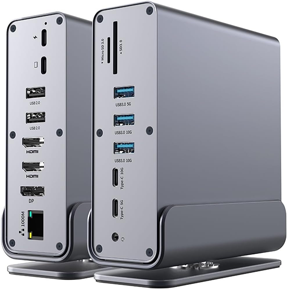 15 i 1 USB-C dockingstation 4K@30Hz HDMI og DisplayPort, 3xUSB 3.0, 2xUSB 2.0, PD 100W opladning, 1000Mbps RJ45 Ethernet til Windows og macOS