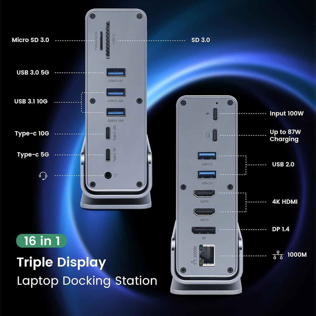 15 i 1 USB-C dockingstation 4K@30Hz HDMI og DisplayPort, 3xUSB 3.0, 2xUSB 2.0, PD 100W opladning, 1000Mbps RJ45 Ethernet til Windows og macOS