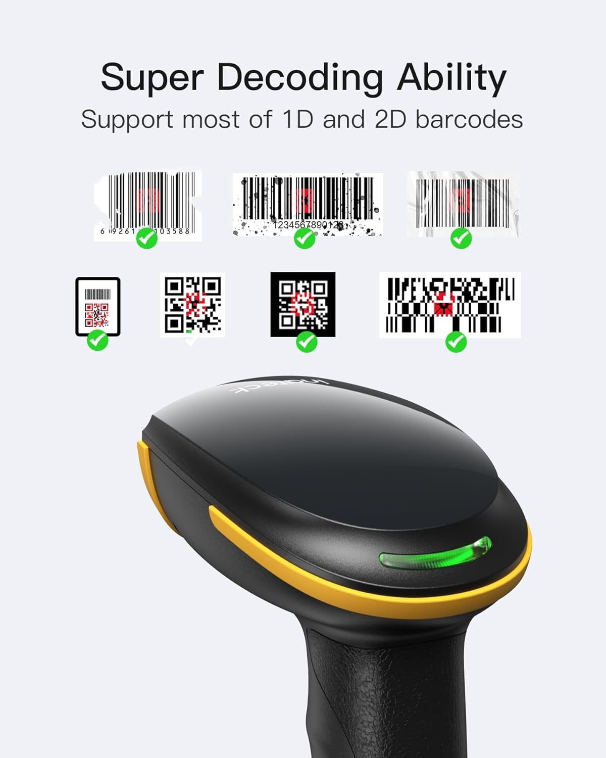 2D QR Stregkodescanner, Trådløs, 2600mAh batteri, Plug and Play