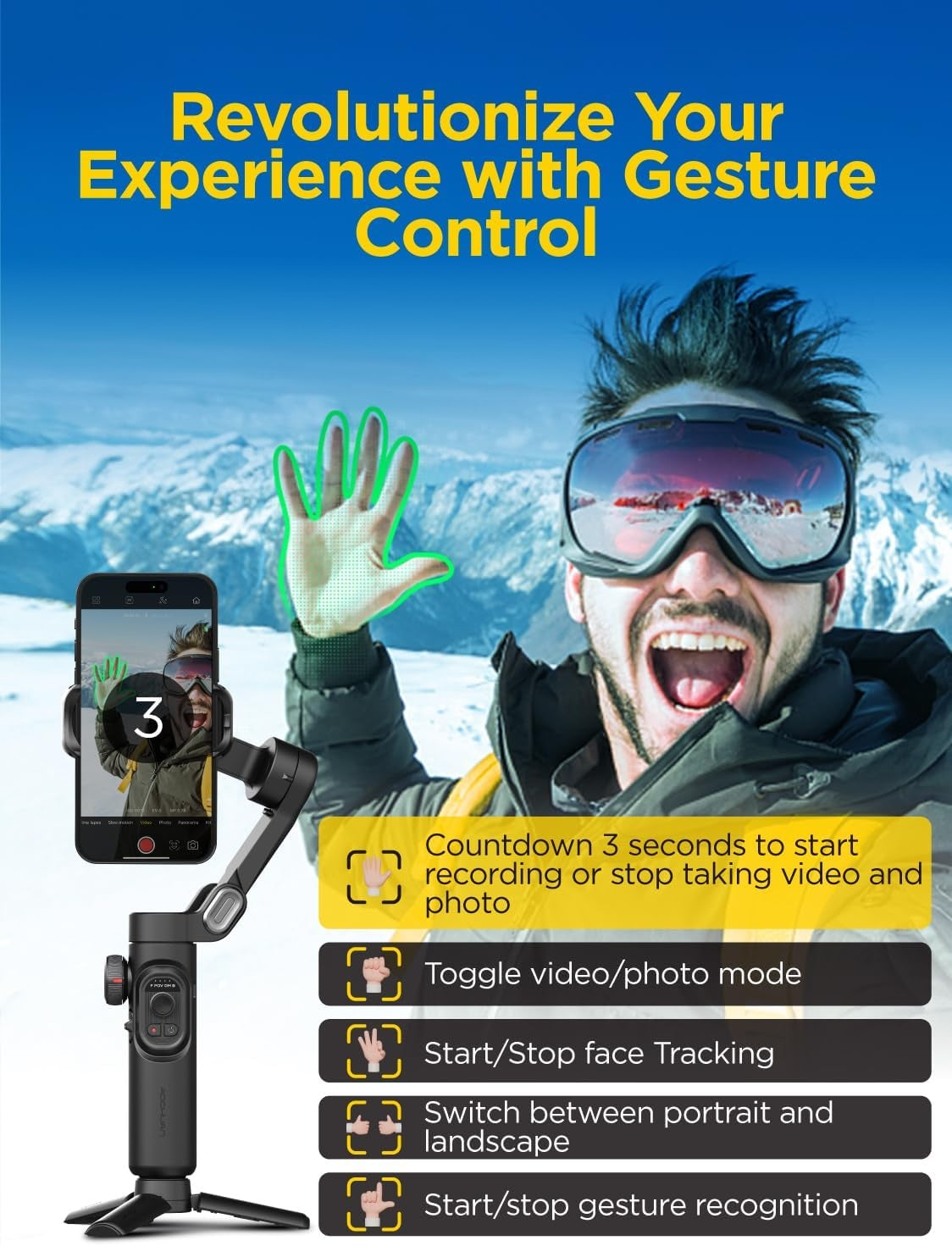 Håndholdt 3-akset telefonstabilisator Foldbar gimbal til iPhone og Android Fokus-hjul og ansigts-/objektsporing