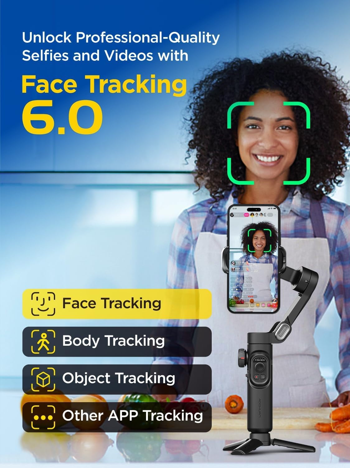 Håndholdt 3-akset telefonstabilisator Foldbar gimbal til iPhone og Android Fokus-hjul og ansigts-/objektsporing