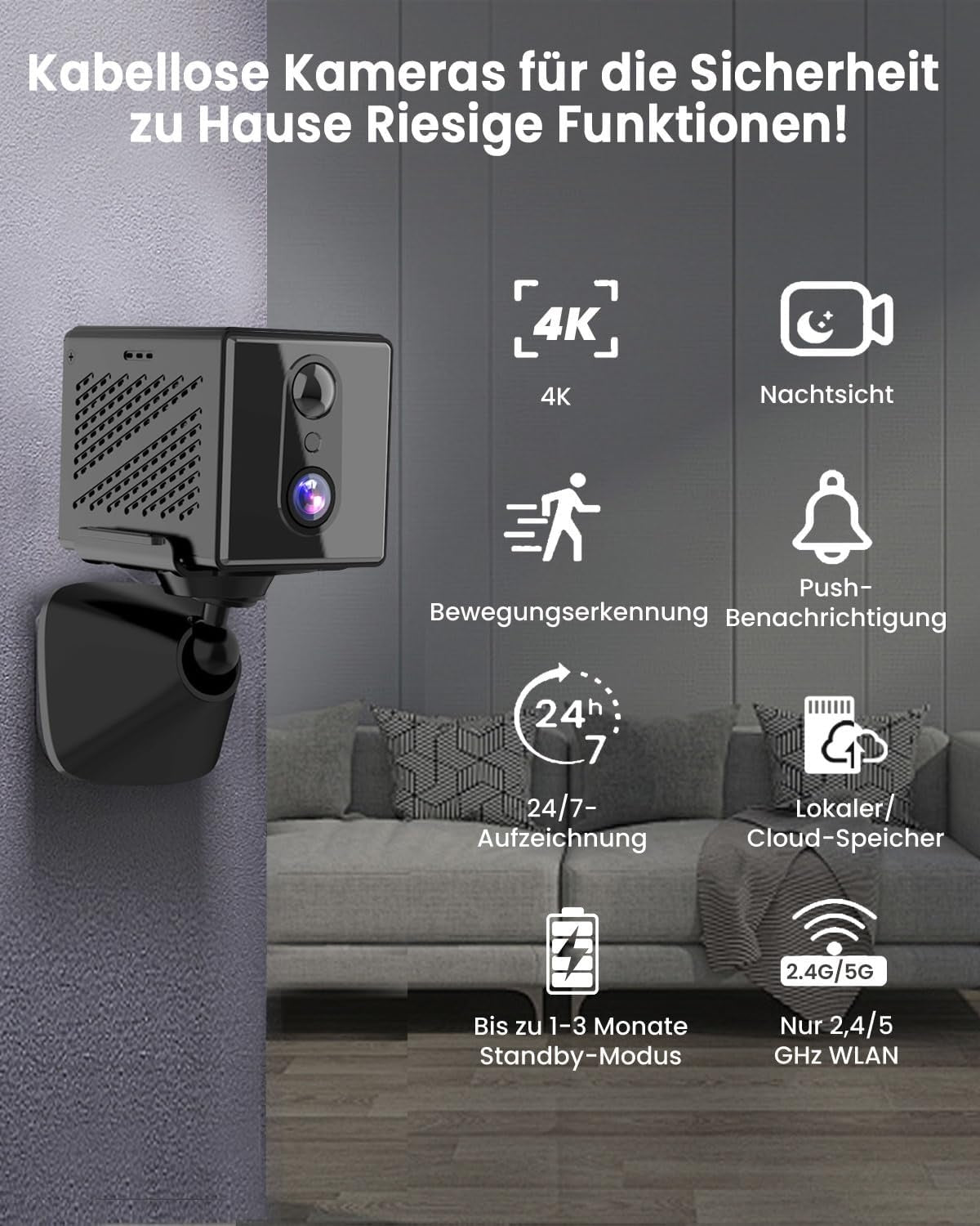 4K Overvågningskamera 5GHz WiFi Mini-kamera, Nattesyn, Bevægelsessensor, Lang batteritid, Fjernvisning