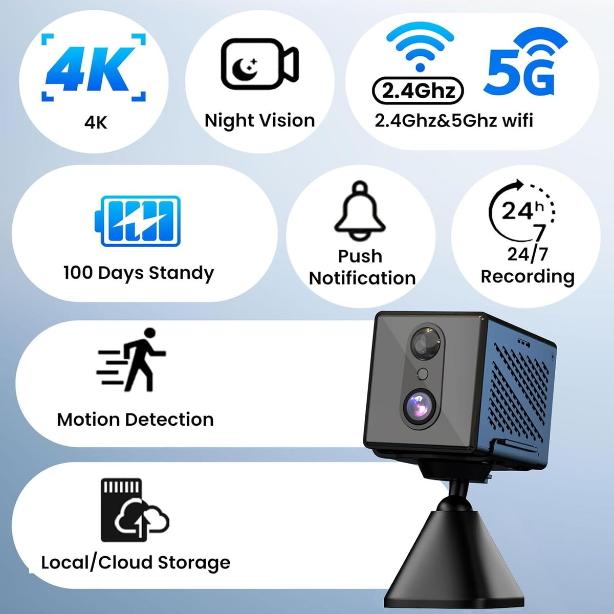 4K Overvågningskamera 5GHz WiFi Mini-kamera, Nattesyn, Bevægelsessensor, Lang batteritid, Fjernvisning