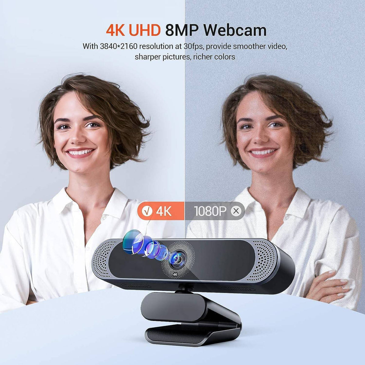 Webcam 4K30fps 8MP med autofokus, dobbelt mikrofon og stativ