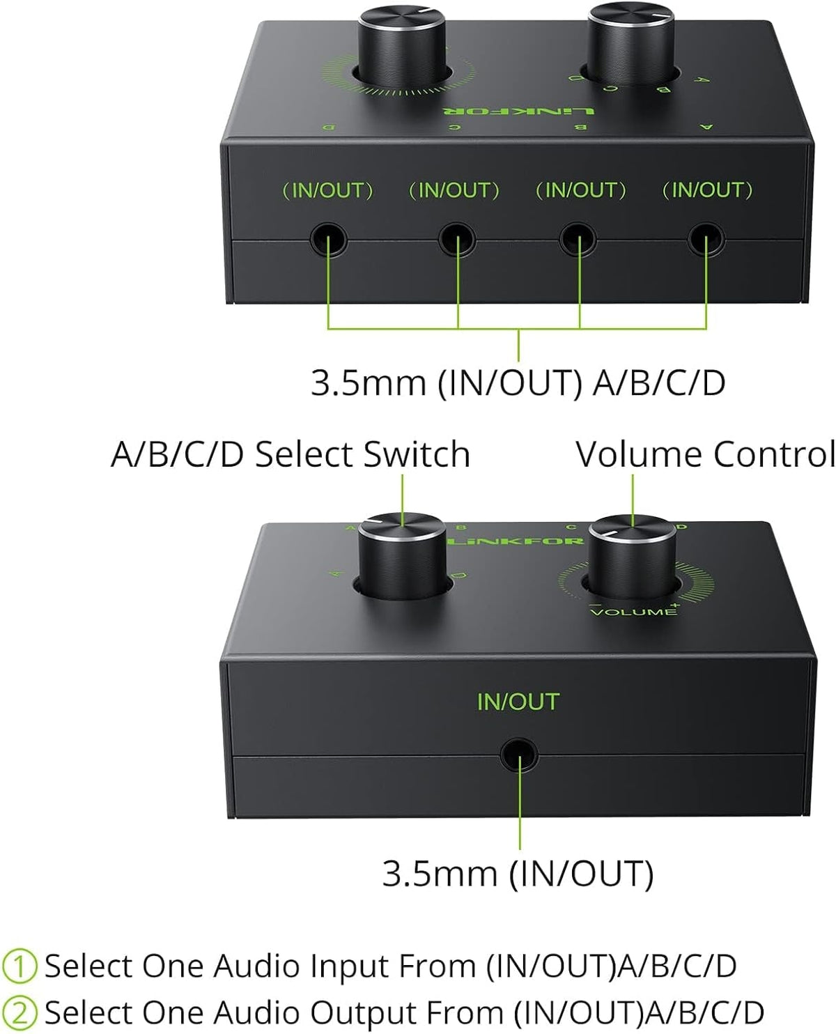 NÖRDIC 3,5 mm Stereo Switch 4-port med volumenkontrol