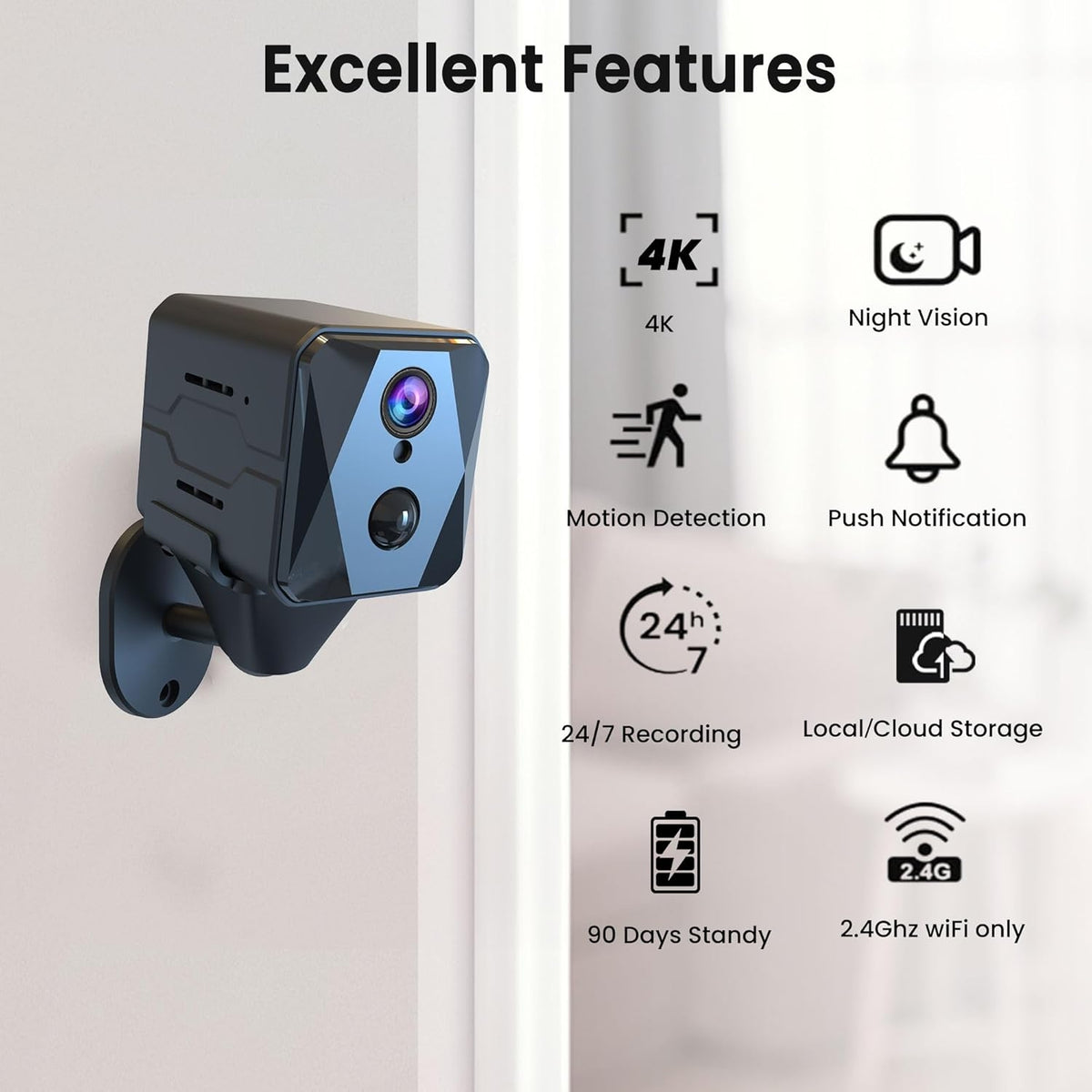 2,4GHz WiFi Mini-Kamera, 4K Trådløs Indendørs Overvågningskamera
