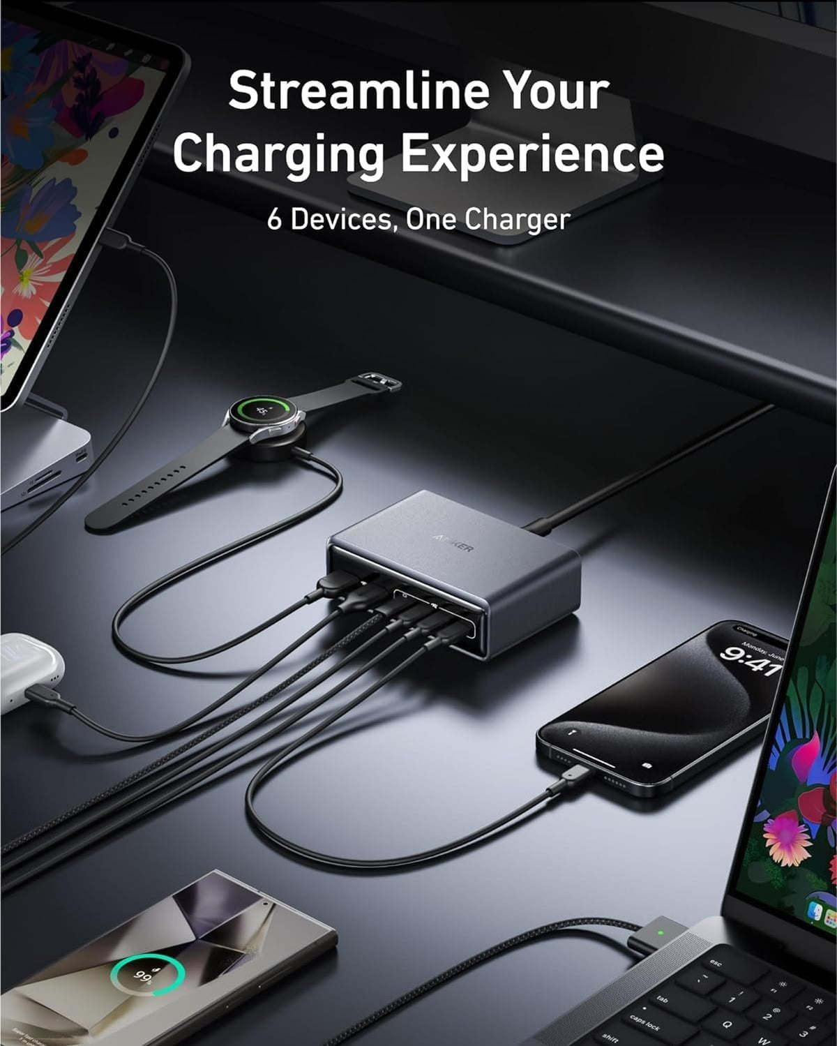 Anker Prime-lader, 200W 6-port GaN-laderstation, Hurtigopladning USB C