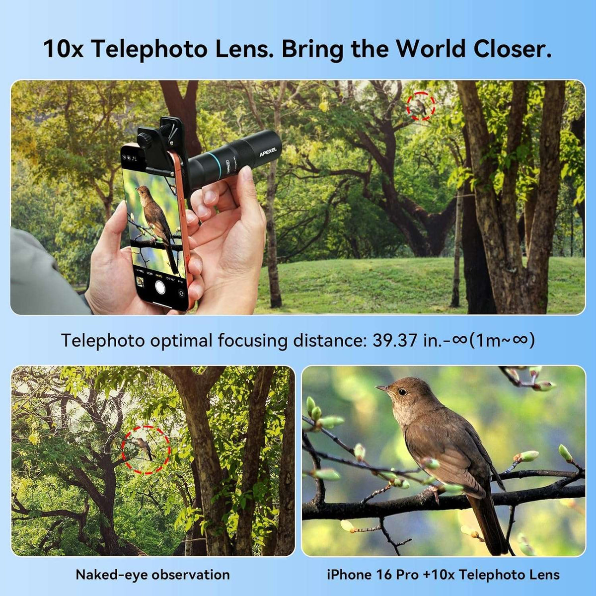 APEXEL 10X Tele-Macro Pro Dual Lens 2-i-1, bærbart telefoto- og makroobjektiv med clip-on-fæste til smartphones