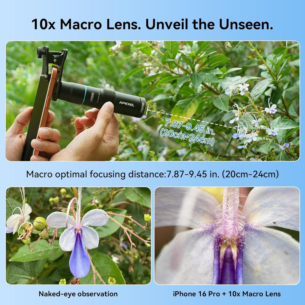 APEXEL 10X Tele-Macro Pro Dual Lens 2-i-1, bærbart telefoto- og makroobjektiv med clip-on-fæste til smartphones
