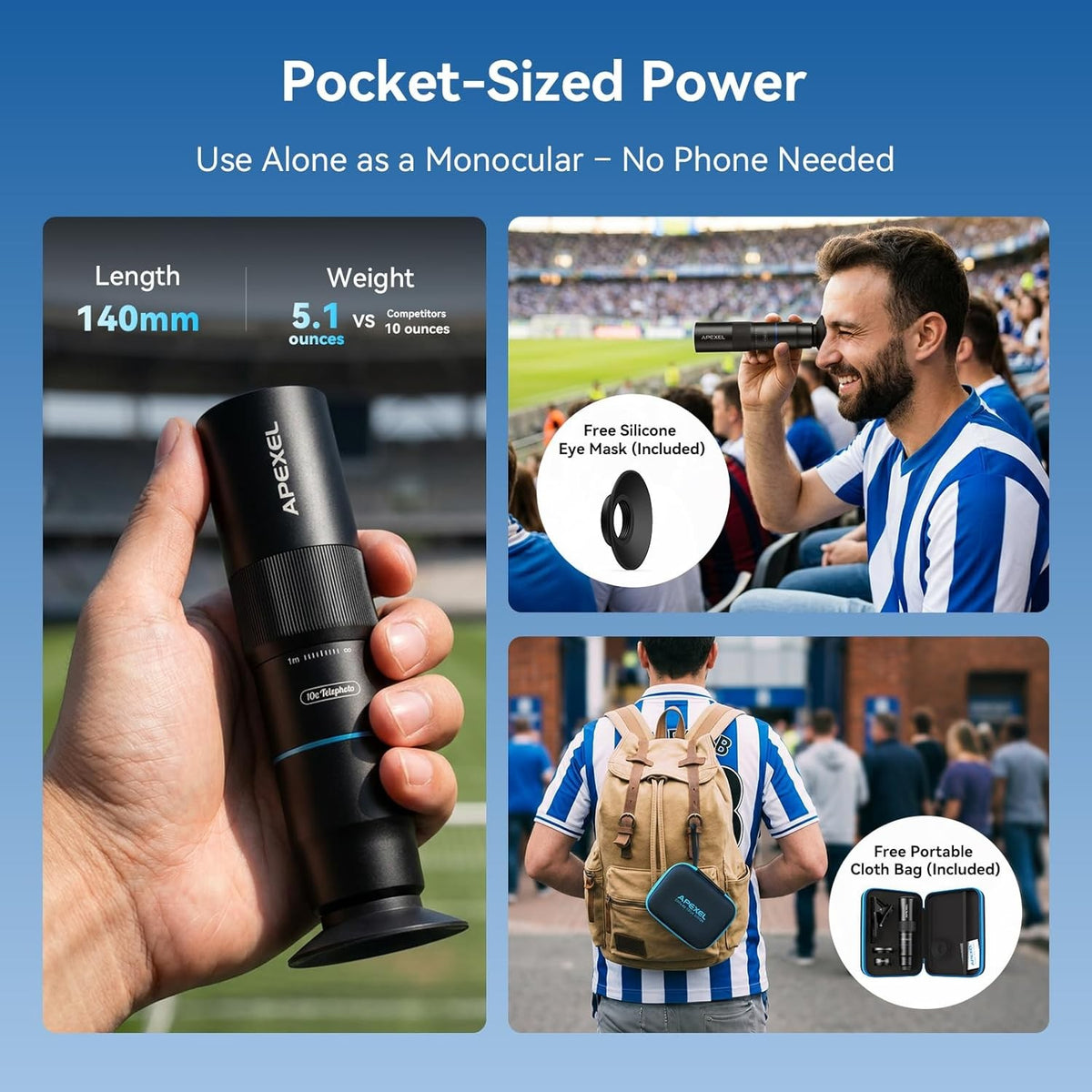 APEXEL 10X Tele-Macro Pro Dual Lens 2-i-1, bærbart telefoto- og makroobjektiv med clip-on-fæste til smartphones