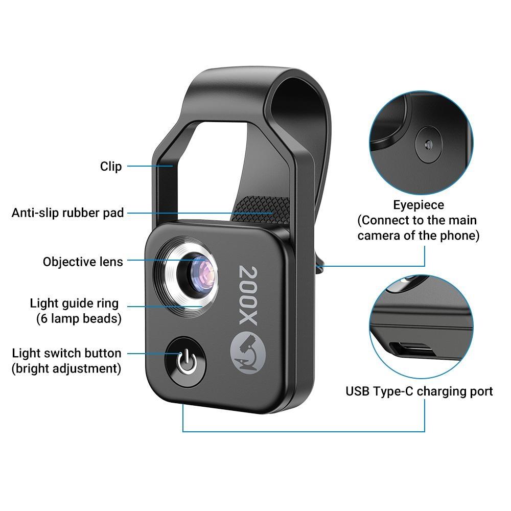 APEXEL 200x Mobilmikroskop, Mini Lommermikroskop, 6 LED-lysguider, 2 niveauer af lysstyrkejustering, Forstørrelses Makrolinsekit til Mobilkamera