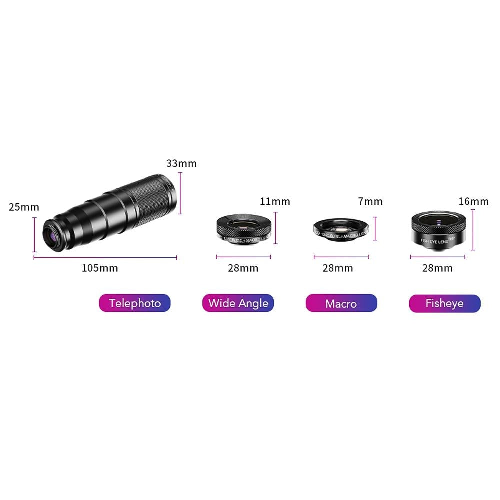 APEXEL 6-i-1 Telefonlinsekit – 22X teleobjektiv, 205° fisheye-linse, 120° vidvinkellinse & 25X makrolinse