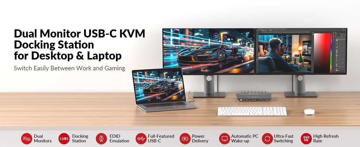 AV Access KD-E10 Dockingstation & KVM Switch for 2 computere til 2 skærme HDMI 4K60Hz, 100W PD, 3 x USB, 1G Ethernet, SD, 3.5 mm AUX Audio EDID