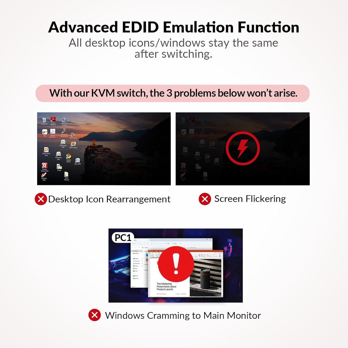 AV Access KD-E10 Dockingstation & KVM Switch for 2 computere til 2 skærme HDMI 4K60Hz, 100W PD, 3 x USB, 1G Ethernet, SD, 3.5 mm AUX Audio EDID