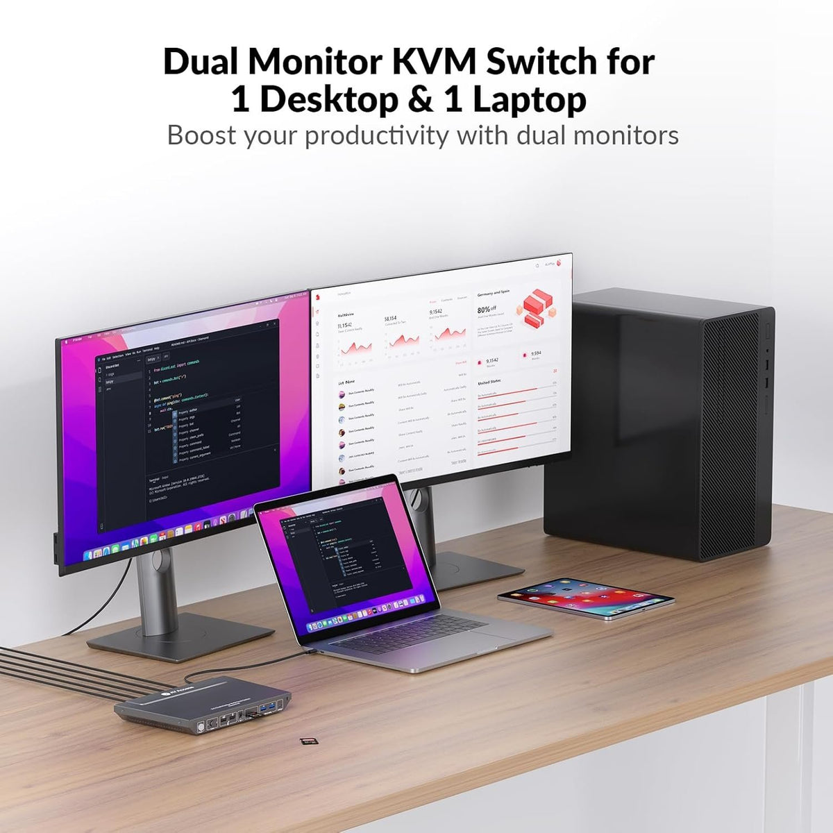 AV Access KD-E10 Dockingstation & KVM Switch for 2 computere til 2 skærme HDMI 4K60Hz, 100W PD, 3 x USB, 1G Ethernet, SD, 3.5 mm AUX Audio EDID