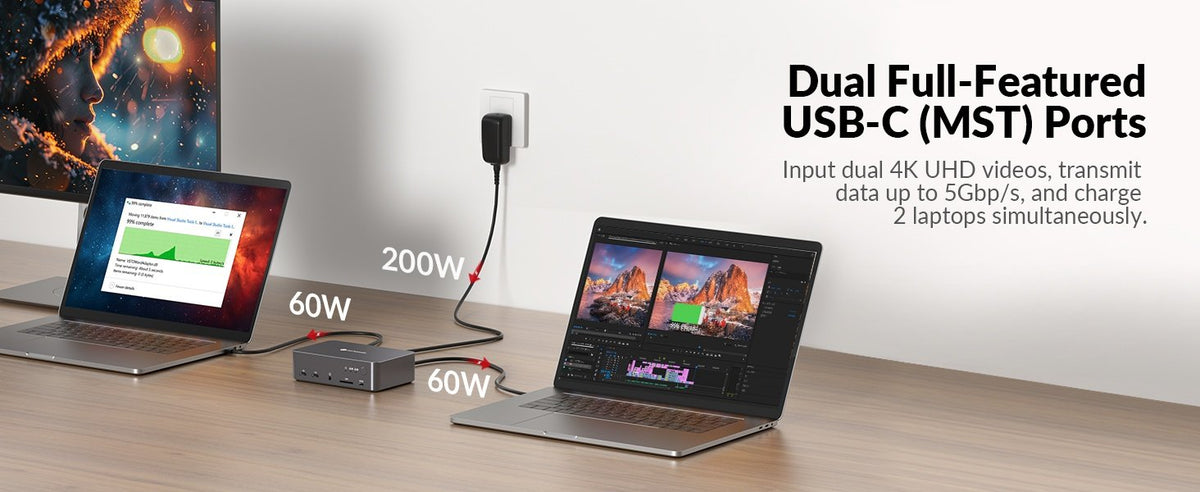 AV Access iDock C20 Dockingstation og KVM-switch 2 til 2 USB-C til HDMI, 4K60Hz, 6x USB-A, 1x USB-C PD 100W, 1x 3,5 mm AUX, 1x SD-kortlæser, 2x60W PD