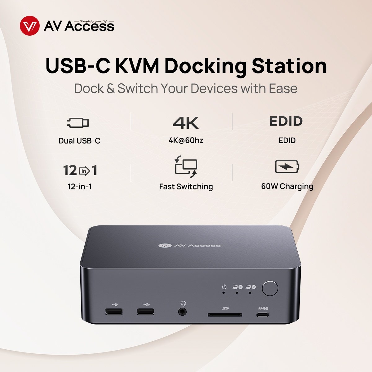 AV Access iDock C20 Dockingstation og KVM-switch 2 til 2 USB-C til HDMI, 4K60Hz, 6x USB-A, 1x USB-C PD 100W, 1x 3,5 mm AUX, 1x SD-kortlæser, 2x60W PD
