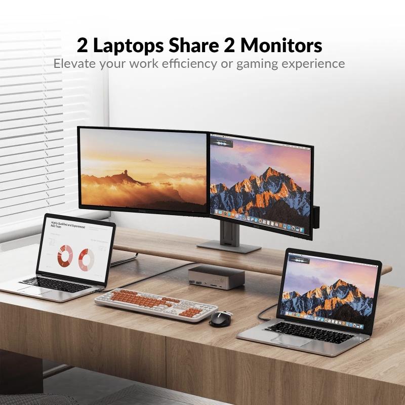 AV Access iDock C20 Dockingstation og KVM-switch 2 til 2 USB-C til HDMI, 4K60Hz, 6x USB-A, 1x USB-C PD 100W, 1x 3,5 mm AUX, 1x SD-kortlæser, 2x60W PD