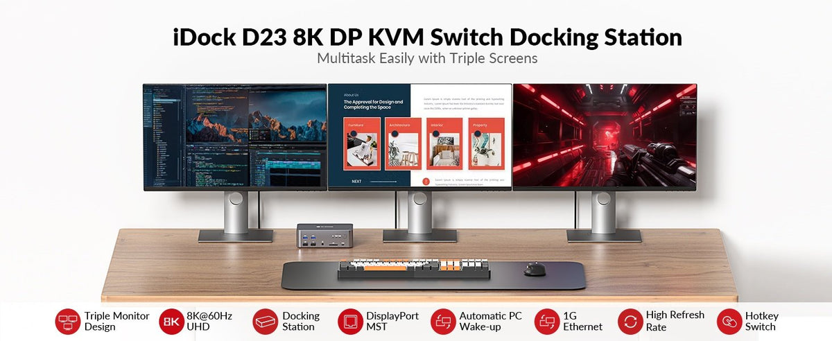 AV Access iDock D23 Dockingstation og KVM-switch 2 til 3 DP til DP, 8K60Hz, 5x USB-A, 1x USB-C PD, 3,5 mm AUX, SD-kortslot og 1 Gbps ethernet