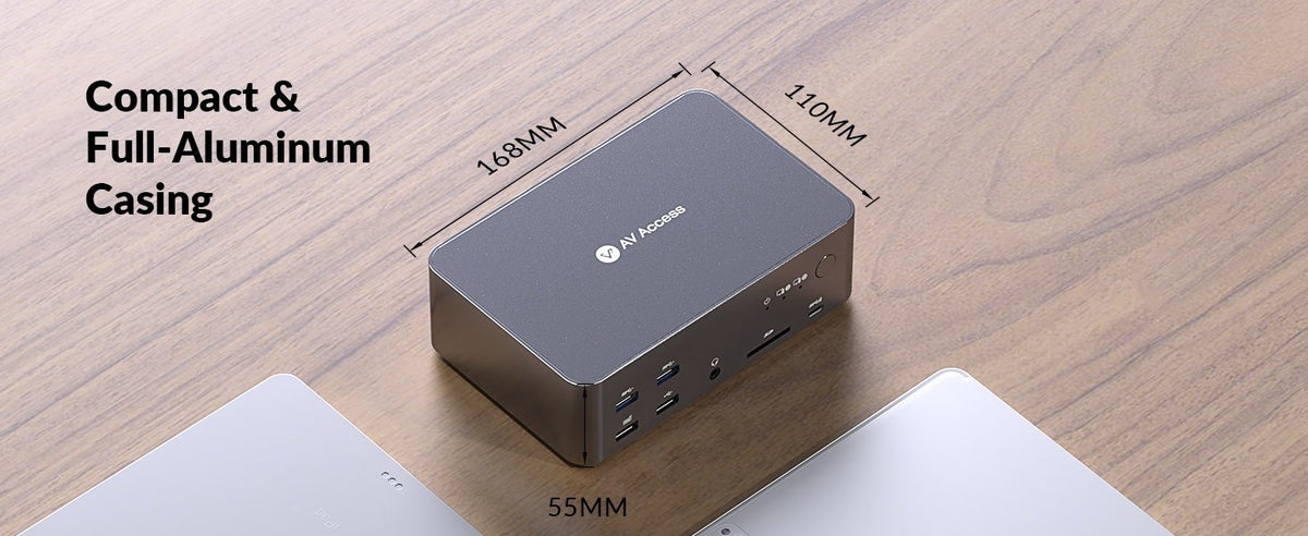 AV Access iDock D23 Dockingstation og KVM-switch 2 til 3 DP til DP, 8K60Hz, 5x USB-A, 1x USB-C PD, 3,5 mm AUX, SD-kortslot og 1 Gbps ethernet