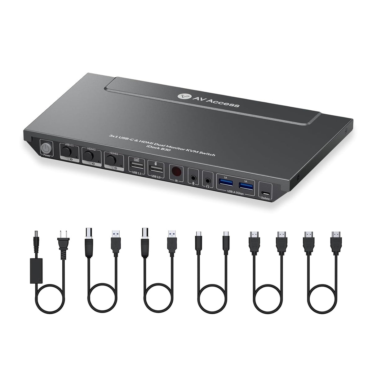 AV Access iDock B30 Dockingstation og KVM-switch 3 til 2, Dual 4K Monitor til laptop + 2st Desktop-PC'er, 4K@60Hz, 5xUSB-A, 1G Ethernet, 65W opladning til laptop, Lyd/Mikrofon, EDID