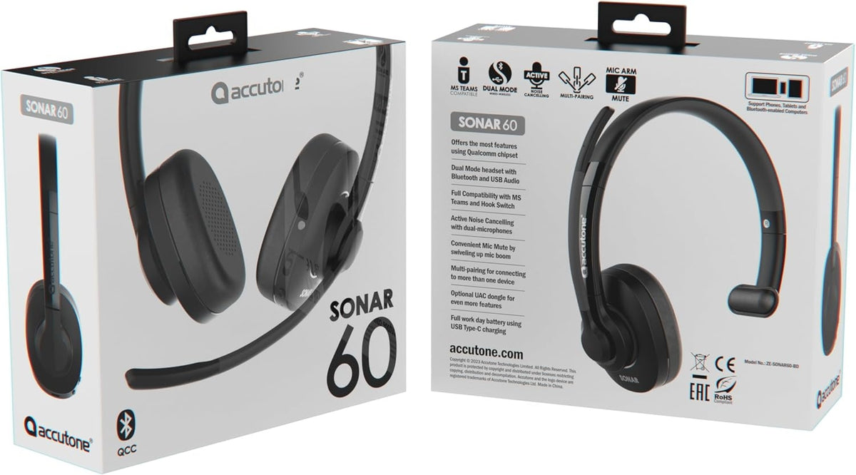 Accutone Sonar 60 Dual Bluetooth & USB kablet headset med støjreducerende mikrofon, lang batterilevetid til PC/Mac og telefoner