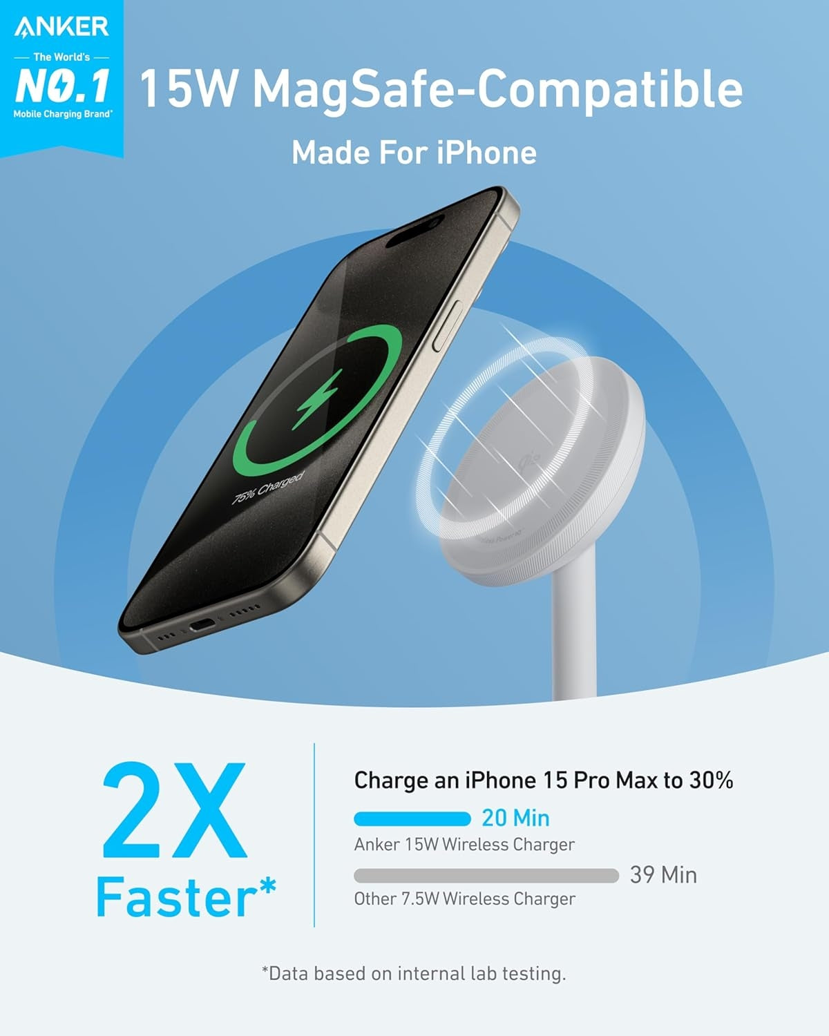 Anker MagGo 15W trådløs oplader med USB-C-kabel, Qi2 trådløs oplader, til iPhone 16/15/14/13-serien og AirPods