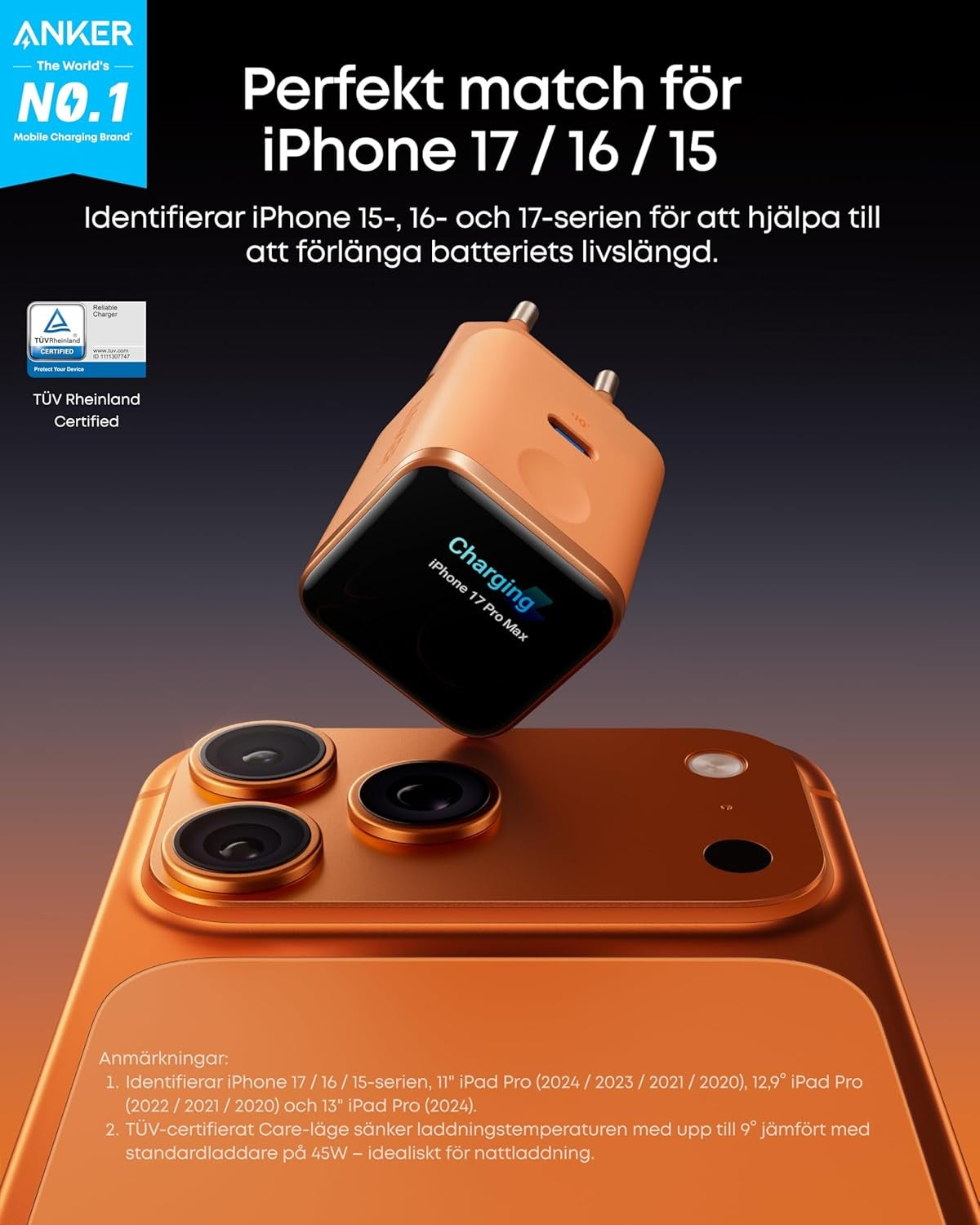 Anker Nano 45W Smart Display USB-C-oplader 45W, Orange