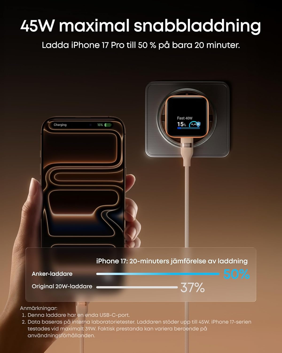 Anker Nano 45W Smart Display USB-C-oplader 45W, hvid