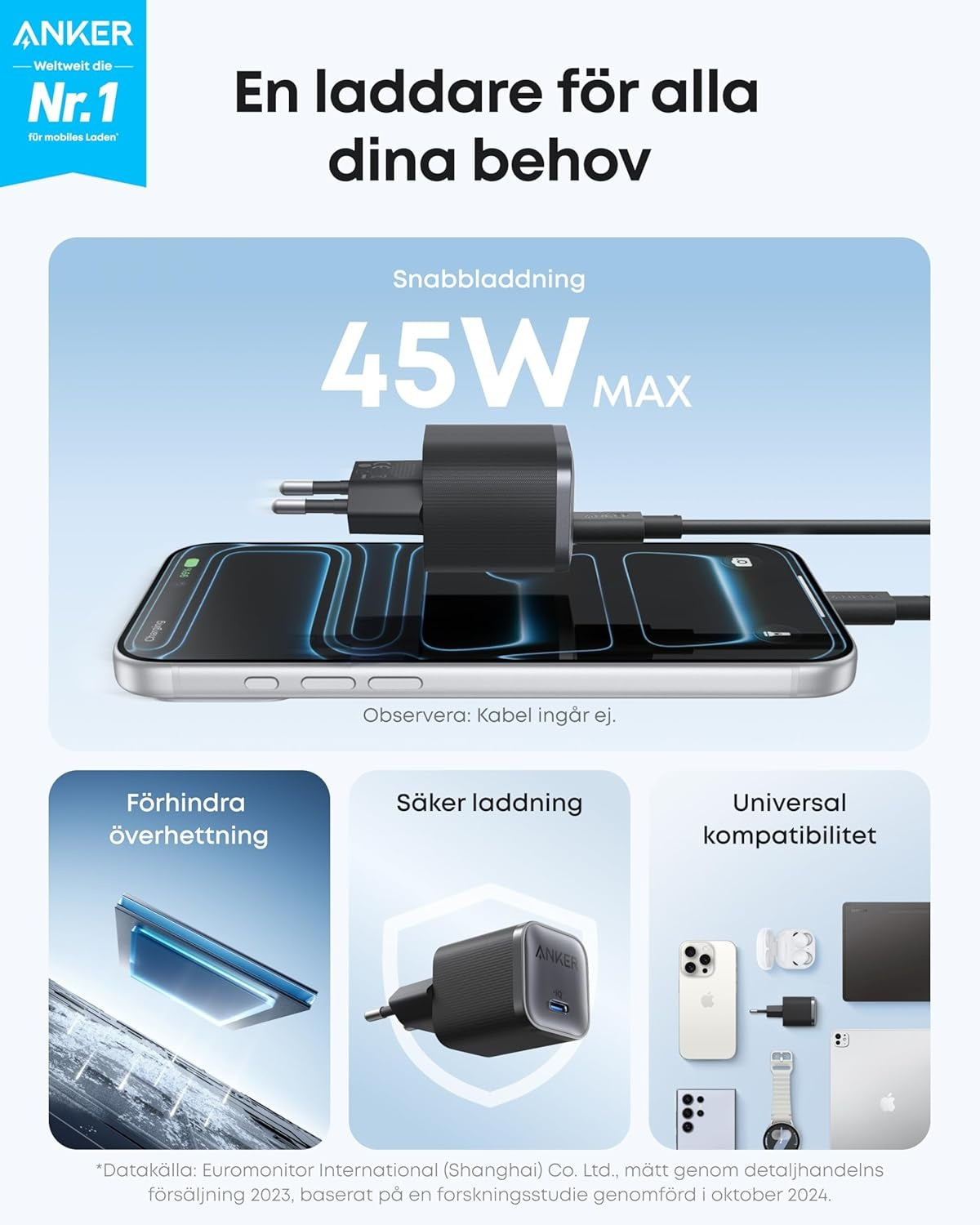 Anker Nano 45W USB-C Hurtigoplader til iPhone, MacBook, iPad, Samsung Galaxy inkl. 1,8 m kabel
