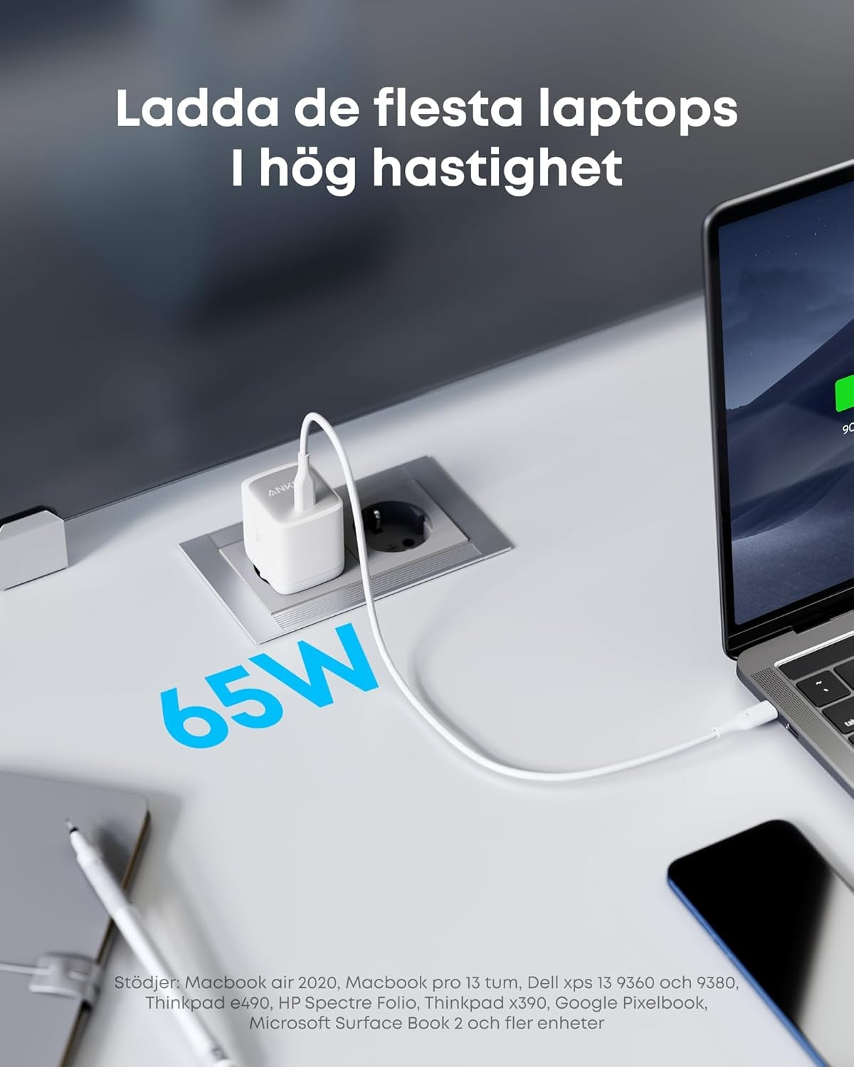 Anker Nano II 65W USB-C Oplader med hurtig opladning og GaN II-teknologi