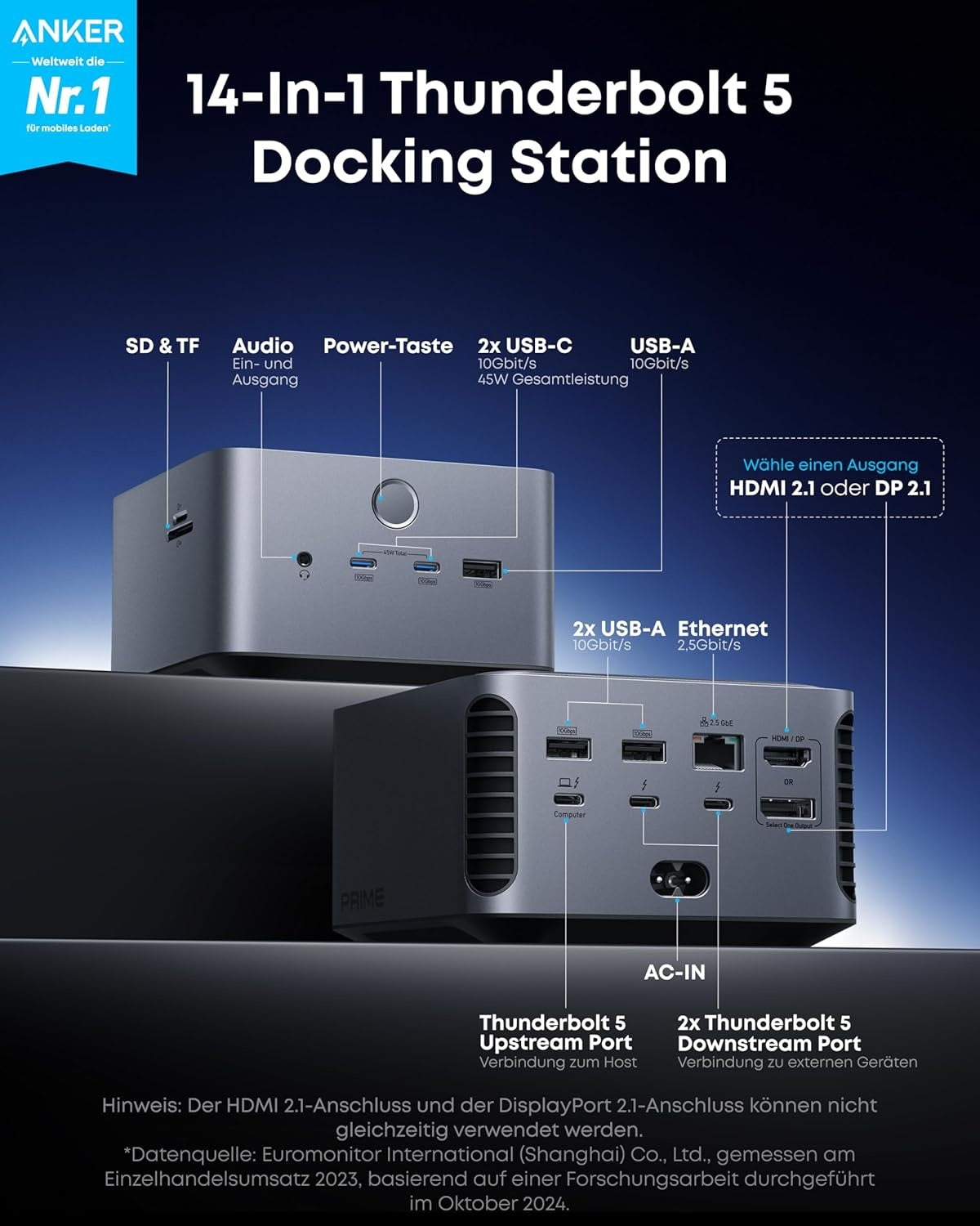 Anker Prime Thunderbolt 5-dockingstation, 8K@60Hz/6K/4K, 120Gbps, 14 porte + 140W opladning til Thunderbolt 5/4-laptops