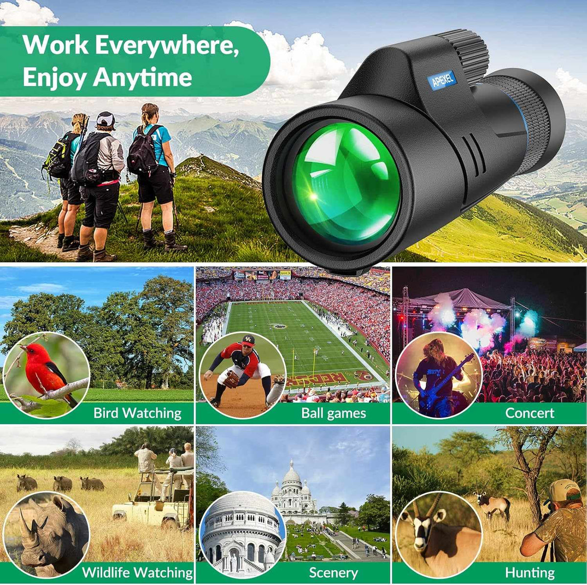Apexel HD Monokikkert 10–20x50 HD Zoom, BAK4/FMC, vandtæt og let med svagt nattesyn til vandring, fuglekiggeri, camping og dyreobservation