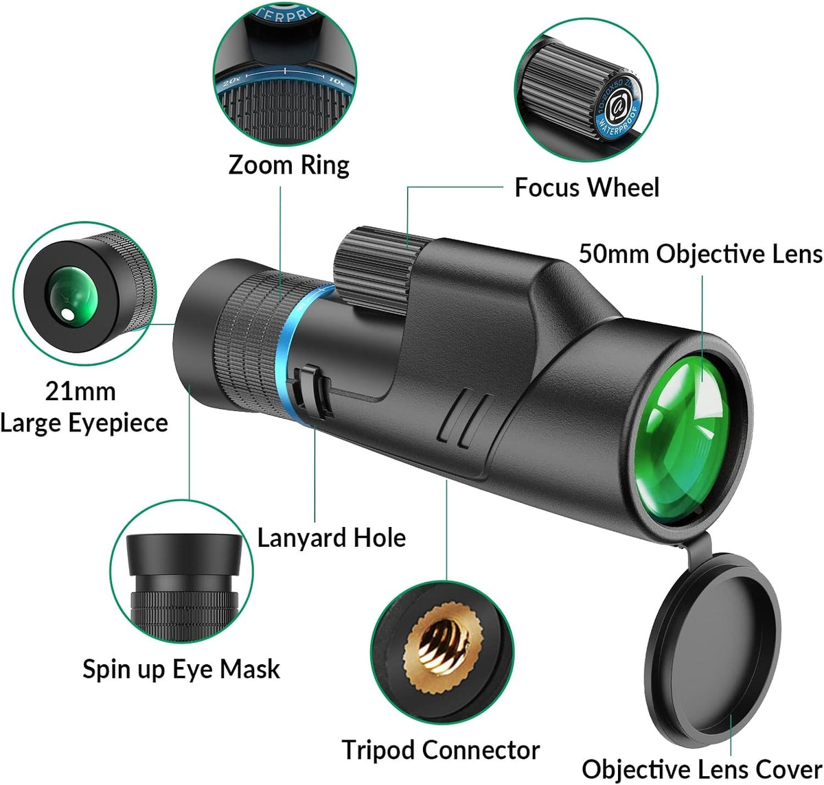 Apexel HD Monokikkert 10–20x50 HD Zoom, BAK4/FMC, vandtæt og let med svagt nattesyn til vandring, fuglekiggeri, camping og dyreobservation