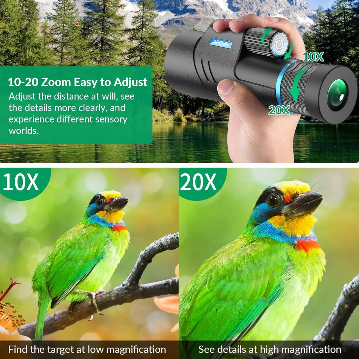 Apexel HD Monokikkert 10–20x50 HD Zoom, BAK4/FMC, vandtæt og let med svagt nattesyn til vandring, fuglekiggeri, camping og dyreobservation