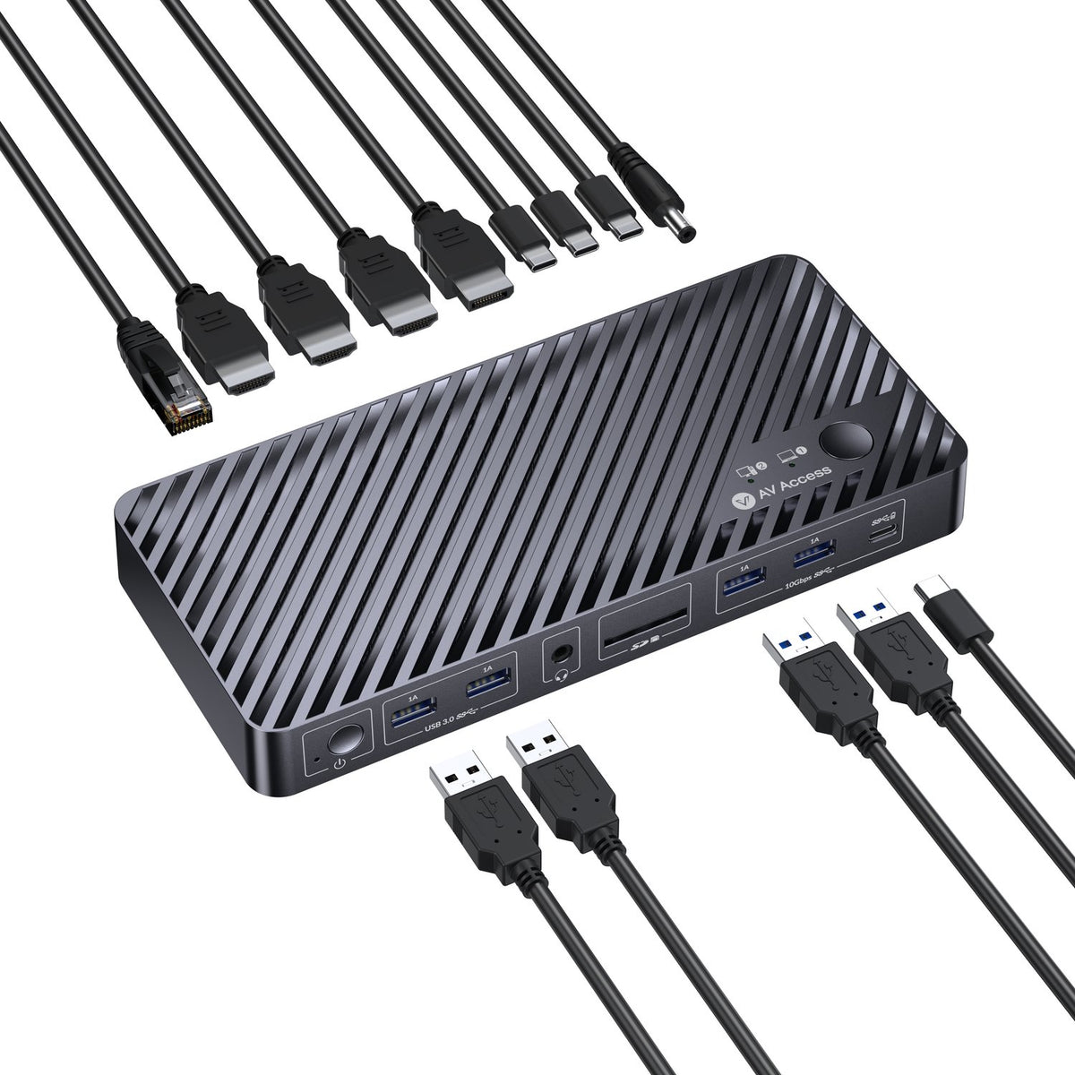 AV Access iDock M10 USB-C KVM-Switch Dockningsstation 2 til 2 for MacBook, Dual 4K HDMI Skærme, 1x Laptop + 1x PC, 100W Opladning