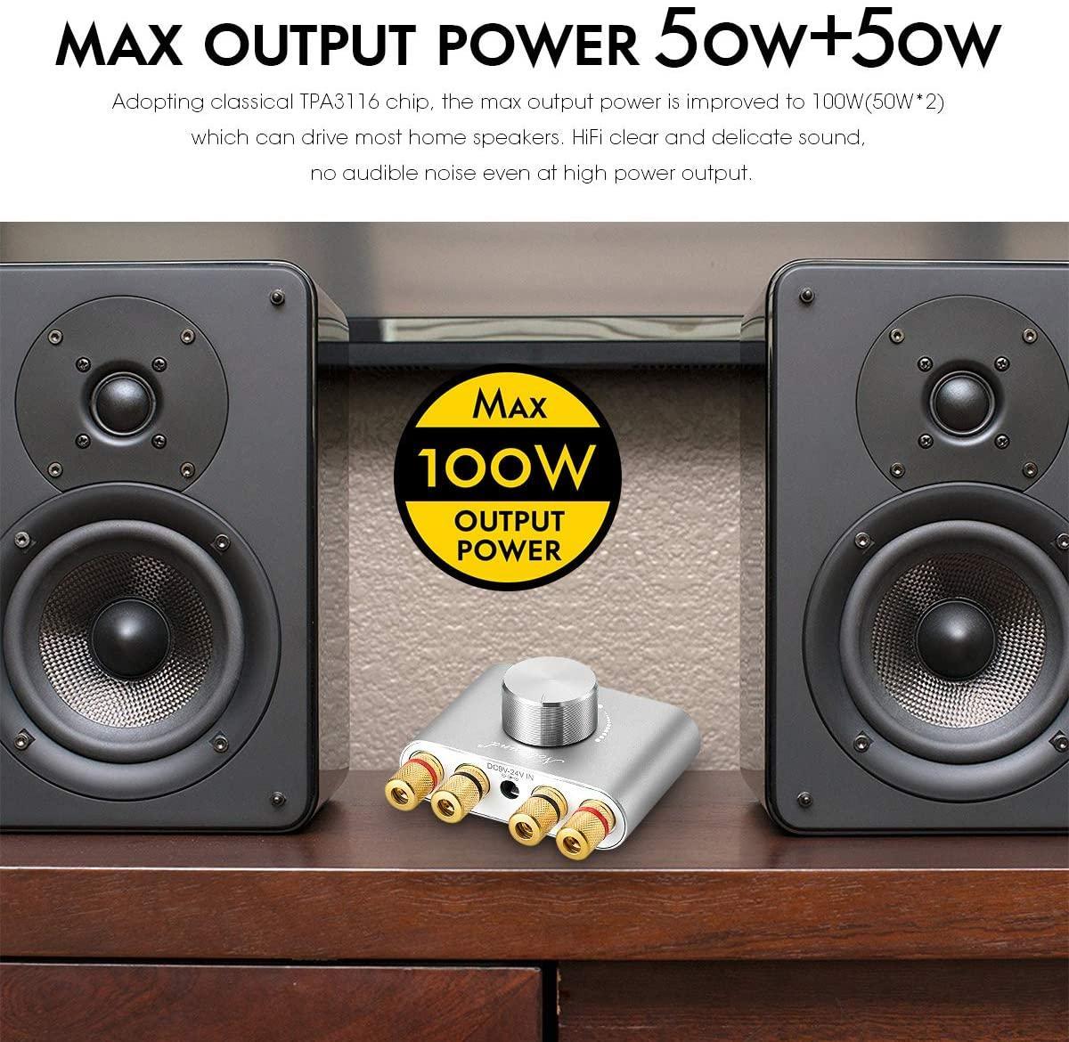Bluetooth 5.0 stereoforstærker digital audio-forstærker 2x50W AUX / USB / BT sølv