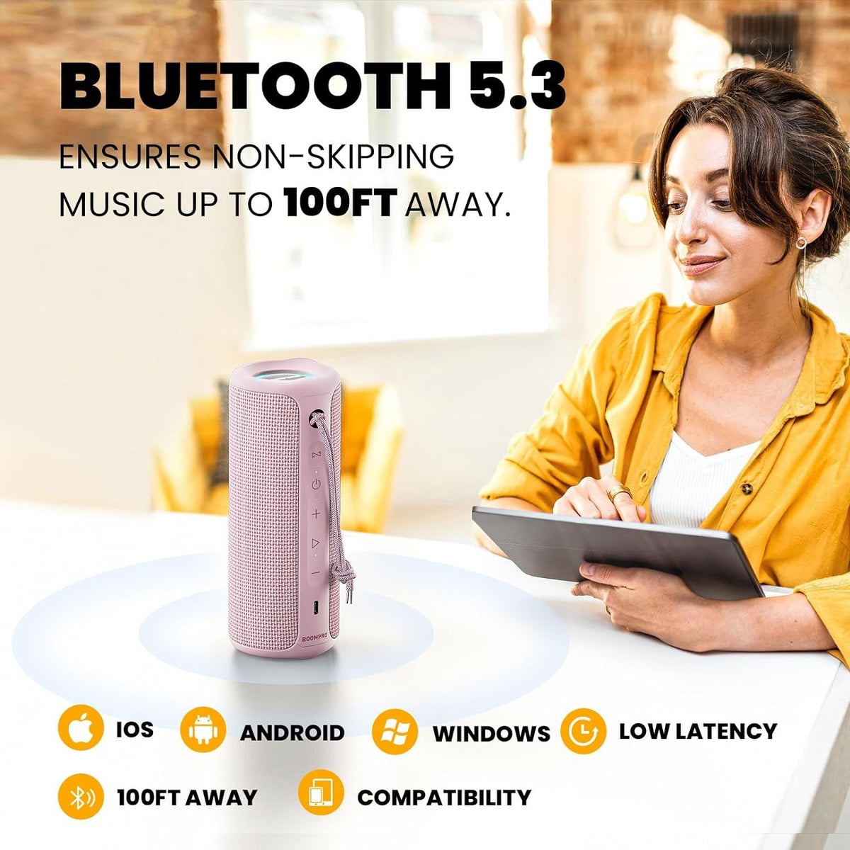 Bluetooth-højttaler 36W bærbar højttaler med stereolydbase, Bluetooth 5.3 trådløs IP7x vandtæt højttaler Pink
