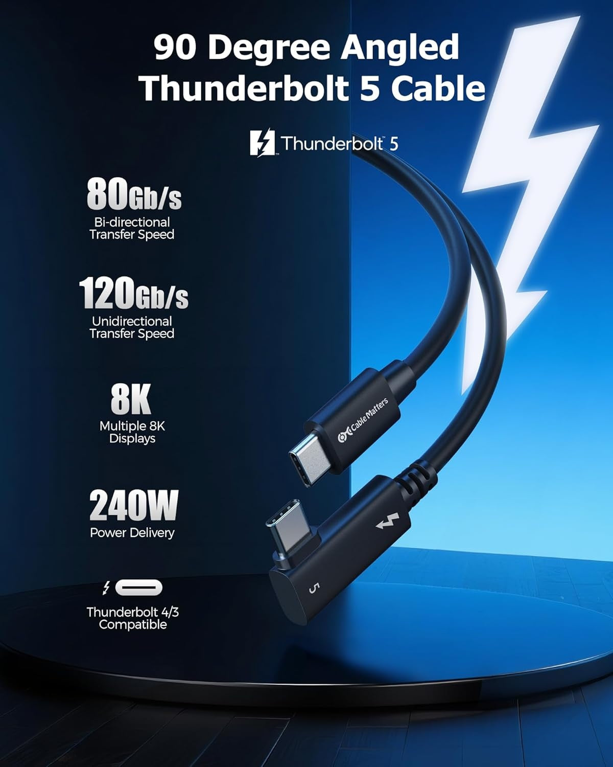 Cable Matters Intel Certificeret 80G Thunderbolt 5 Kabel med vinkelstik 240W opladningseffekt - 0,8m, Kompatibel med Thunderbolt 4, USB4 og USB-C, Sort