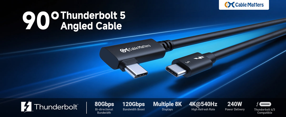 Cable Matters Intel Certificeret 80G Thunderbolt 5 Kabel med vinkelstik 240W opladningseffekt - 0,8m, Kompatibel med Thunderbolt 4, USB4 og USB-C, Sort