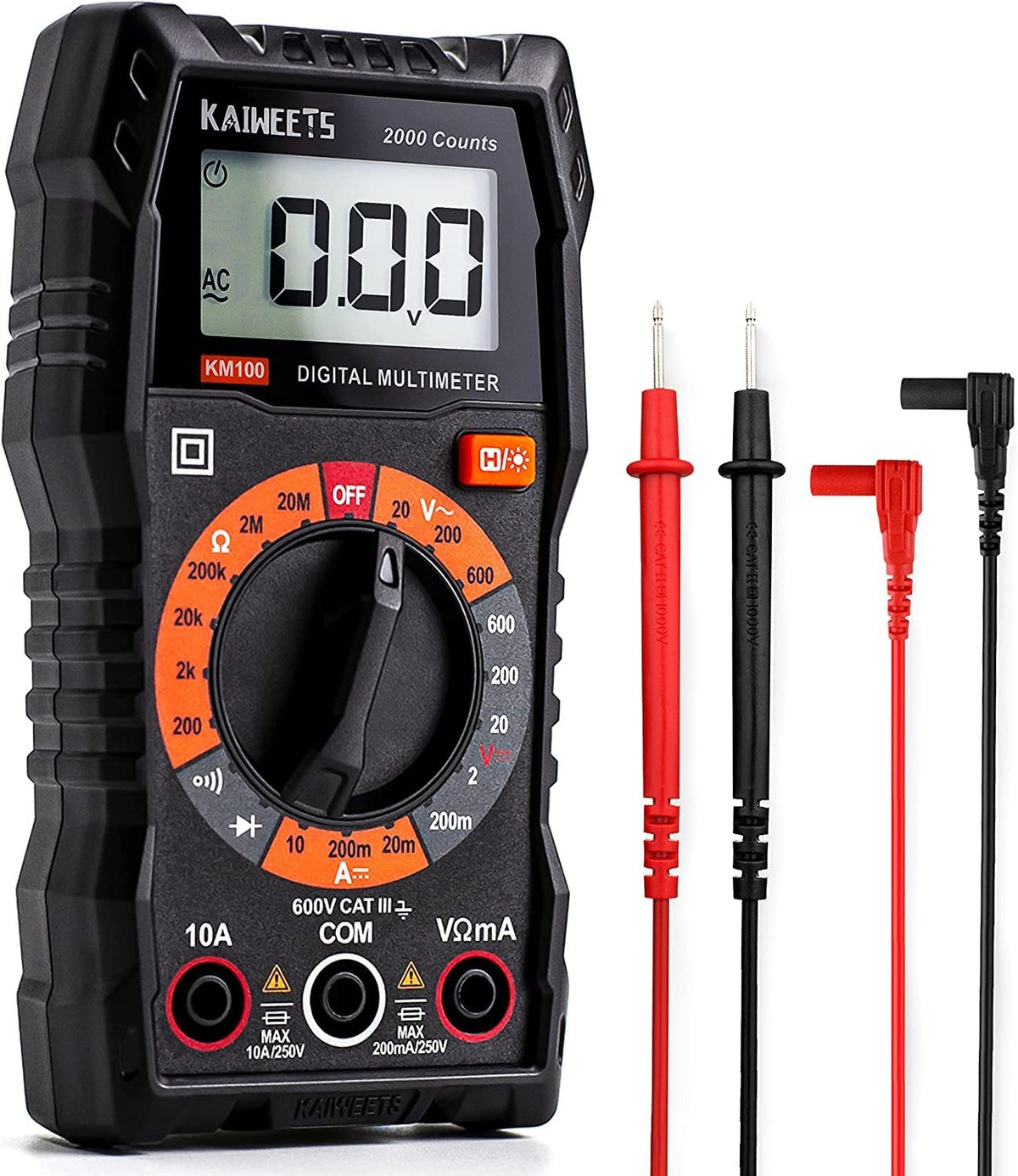 Digital multimeter, DC-/AC-voltmeter, ohm-, volt- og amperemåler samt kontinuitets- og diodespændingstester til husholdningsstik
