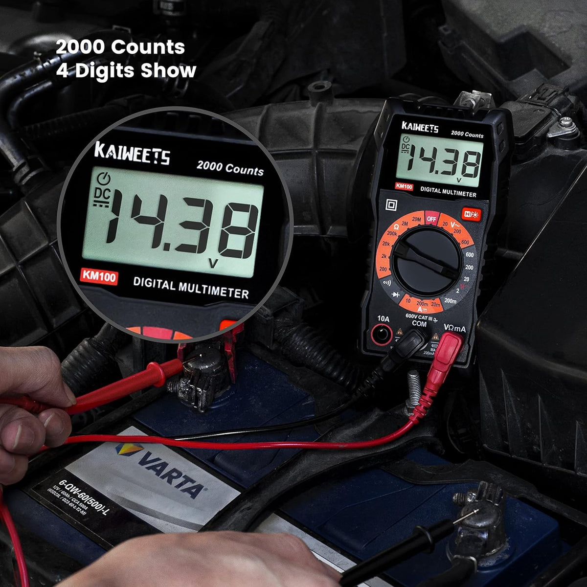 Digital multimeter, DC-/AC-voltmeter, ohm-, volt- og amperemåler samt kontinuitets- og diodespændingstester til husholdningsstik
