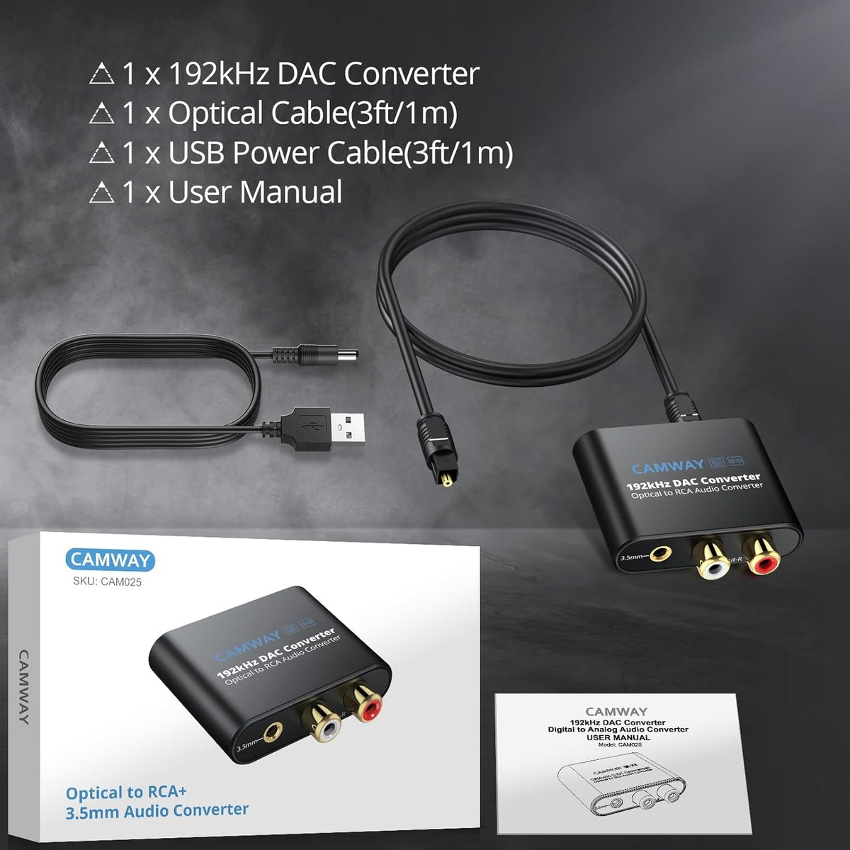 Digital til analog lydomformer, 192kHz optisk til RCA, optisk til 3,5 mm DAC, SPDIF/Toslink