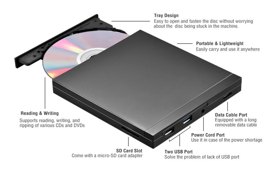 NÖRDIC Bærbar CD-brænder og afspiller og USB-hub med SD/Micro-SD-kortlæser