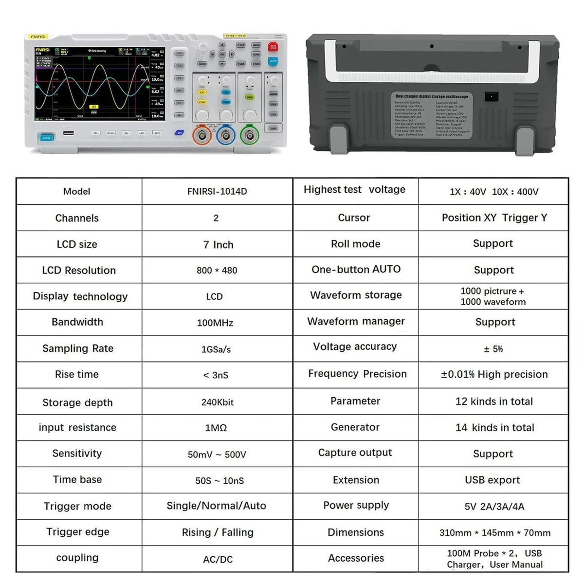 FNIRSI-1014D Desktop Oscilloskop 100MHZ*2 1GS/s 2 i 1 Dobbelt Kanal Digitalt Oscilloskop 10MHZ Signalgenerator