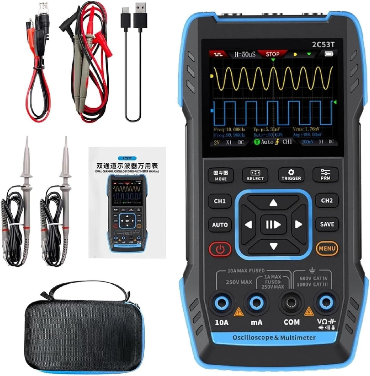 FNIRSI 2C53TH 3 i 1 oscilloskop, multimeter og signalgenerator 2,8" LCD-skærm for perfekt billedkvalitet